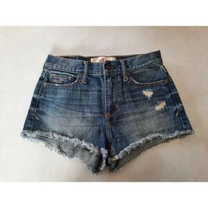 Hollister 0 Frayed Mini Short Shorts Cut Off Denim Zip Fly Dark Wash Blue Womens